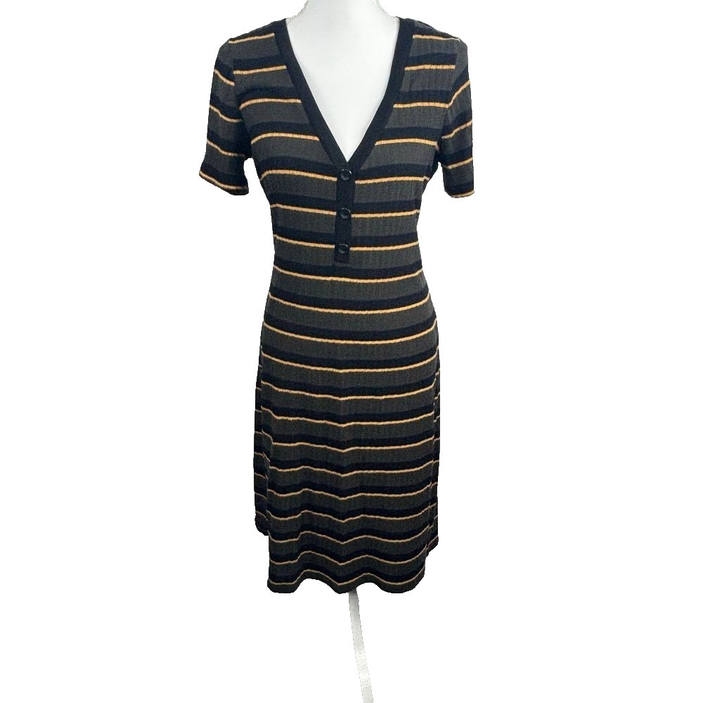 Earthy Striped Knit‎ Button Front V Neck Short Sleeve Midi Sweater Dress